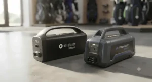 Slimline plug-and-play lithium batteries used in modern Motocaddy and Powakaddy golf trolleys.