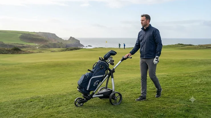 A golfer walking alongside a sleek electric golf trolley on a lush, rolling green fairway at a UK golf course. compact electric golf trolley for small car boot