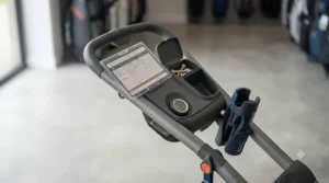 Adjustable ergonomic handle and integrated scorecard holder on a lightweight golf push trolley.