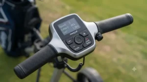 Digital display screen and ergonomic handle controls on a modern electric golf trolley handle.