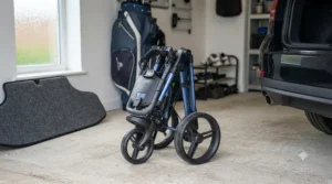 Easily collapsible frame of an affordable push trolley shown folding down for convenient car boot storage.