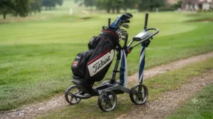 Side profile of a sturdy 4-wheel golf push trolley positioned on a typical UK golf club pathway.
