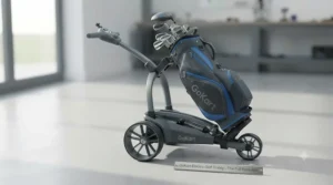 Lightweight lithium battery pack connected to a GoKart electric golf trolley in a clubhouse locker room.