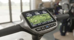 Integrated GPS touchscreen on an electric golf trolley displaying front, middle, and back green distances for a British course.
