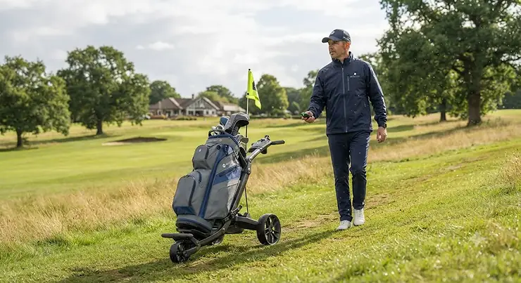 Golfer walking up a sloping fairway in the UK while operating a remote-controlled electric golf trolley. motocaddy vs powakaddy electric trolley