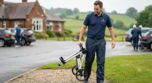 Lightweight aluminium frame of a value push trolley being lifted comfortably with one hand.