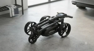 Compact and lightweight lithium golf trolley battery beside its mains charger, ideal for 18 holes.