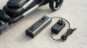 Lightweight lithium battery and UK mains charger displayed alongside a portable electric golf cart.