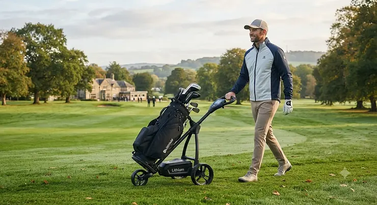 Premium lithium battery golf trolley parked on the lush fairway of a traditional British golf course. lithium battery golf trolley