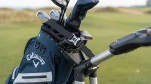 Bag bracket and secure strap locking a golf bag firmly onto an MGI trolley.