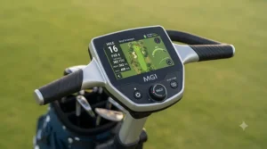 Close-up of the integrated touchscreen GPS display on an MGI golf trolley showing course maps.