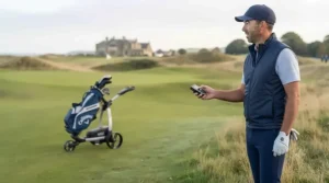 Golfer using a handheld remote control to steer an MGI golf trolley from a distance.