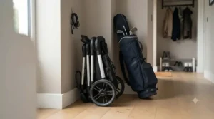 A folded compact electric golf trolley stored neatly in a tight hallway corner next to a golf travel bag.