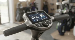 Digital colour widescreen display on a Powakaddy FX-series trolley handle showing battery life and distance tracking.