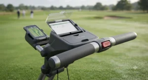 Ergonomic handle and scorecard holder on an all-terrain push golf trolley.