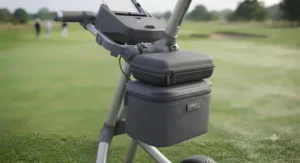 Waterproof storage pouch and accessory compartment on a push golf trolley.