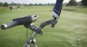 Integrated umbrella holder attached to a push golf trolley for rainy weather.