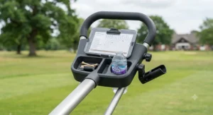 Integrated scorecard and tee holder panel on an ergonomic push trolley handle.