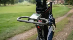 Ergonomic handle and integrated scorecard holder console on a premium golf push trolley.