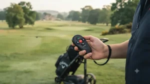 A photorealistic close-up showing a golfer's hand holding a compact, ergonomic remote control with directional arrows and a stop button, used to steer the electric golf trolley from image_0.png across the fairway.