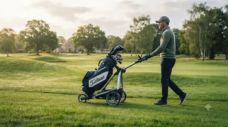 A sleek remote control golf trolley navigating a lush fairway on a British golf course under an overcast sky. remote control golf trolley