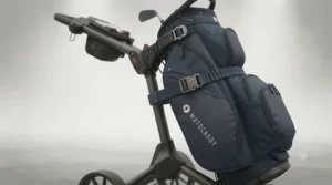 Adjustable bungee straps securing a cart bag firmly onto the cradle of a stable 3-wheel golf push trolley.