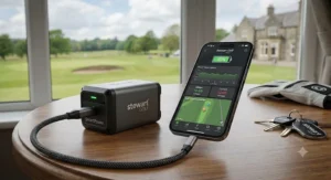 SmartPower lithium-ion battery and smartphone app display used for tracking a Stewart Golf trolley.