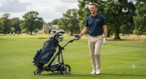 Golfer using the remote control handset to steer a Stewart Golf VERTX trolley across the course.