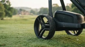 A photorealistic, low-angle close-up focusing on the robust, multi-treaded rear driving wheel and gearbox of the matte black electric golf trolley from image_0.png, showing its grip on the lush, dew-covered turf.
