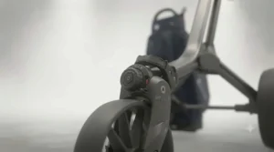 Adjustable front wheel alignment mechanism on a 3-wheel golf push trolley to ensure smooth tracking across undulating fairways.