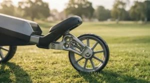 Detailed view of the 360-degree swivelling front wheel mechanism on an all-terrain remote control golf trolley.