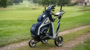 Side profile of a modern 3-wheel golf push trolley loaded with a stand bag on a lush British fairway.