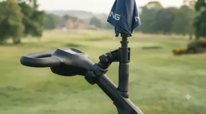 A photorealistic close-up of an umbrella holder accessory clamped securely to the handle of the electric golf trolley from image_0.png, holding a folded golf umbrella with a branded handle.