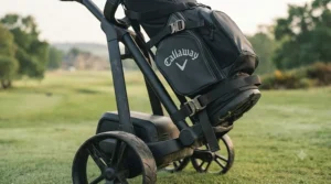 A detailed, photorealistic close-up demonstrating the secure attachment of the Callaway golf bag from image_0.png to the trolley frame using the durable, integrated nylon straps and quick-release buckles.