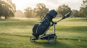 A waterproof cart bag securely strapped onto a heavy-duty remote control golf trolley during light drizzle.