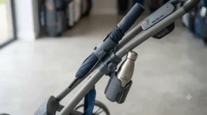 Integrated umbrella holder and storage compartments on a lightweight golf push trolley for changeable British weather.