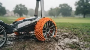 A remote control golf trolley fitted with winter hedgehog wheels to protect the turf on a muddy British course.