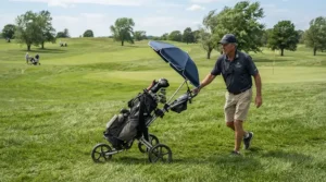 An adjustable golf trolley umbrella holder tilted at an angle to block driving wind and rain.