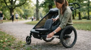 Quickly attaching a clip-on golf trolley seat to a three-wheel push cart handle frame