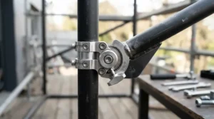 Close-up of a clip-on golf trolley umbrella holder showing the adjustable tightening knob.