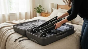 A compact push golf trolley for travel being packed into a holiday suitcase alongside clothing and gear