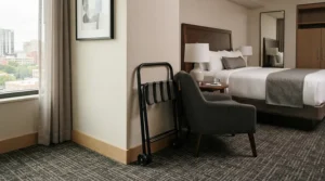 A compact push golf trolley for travel tucked away discreetly in the corner of a hotel room