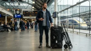 A compact push golf trolley for travel paired with a padded protective golf travel bag in an airport terminal