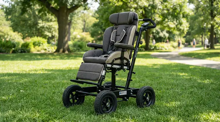 An ergonomic padded golf trolley seat providing extra comfort during a long round of golf
