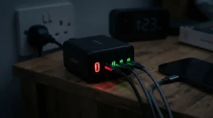 A fast-charge golf trolley battery charger displaying bright LED status lights