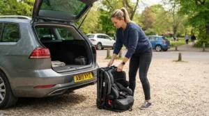 Demonstrating how a folding golf trolley seat packs down neatly for easy boot storage