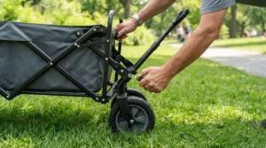 Demonstrating the quick-fold mechanism on a folding push golf trolley on a fairway