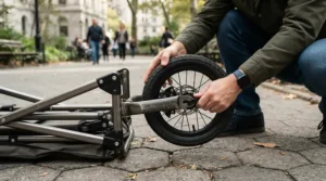 Removing the wheels from a folding push golf trolley for ultra-compact storage
