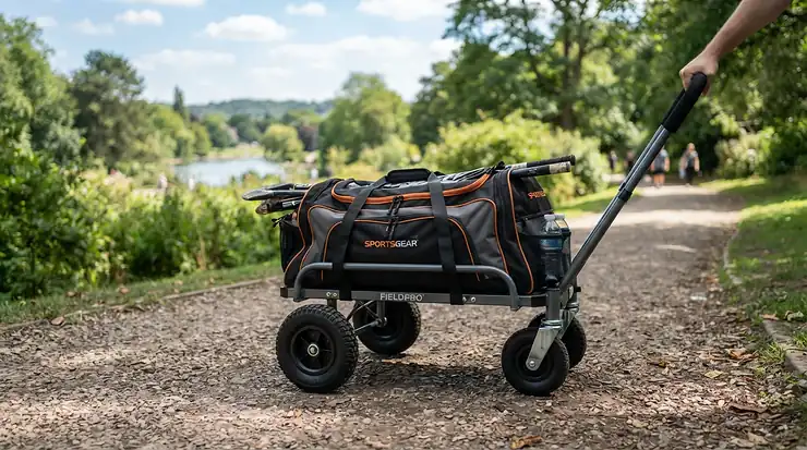 Fully assembled folding push golf trolley loaded with a golf bag ready for play