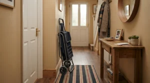 A space-saving folding push golf trolley stored upright in a narrow home hallway
